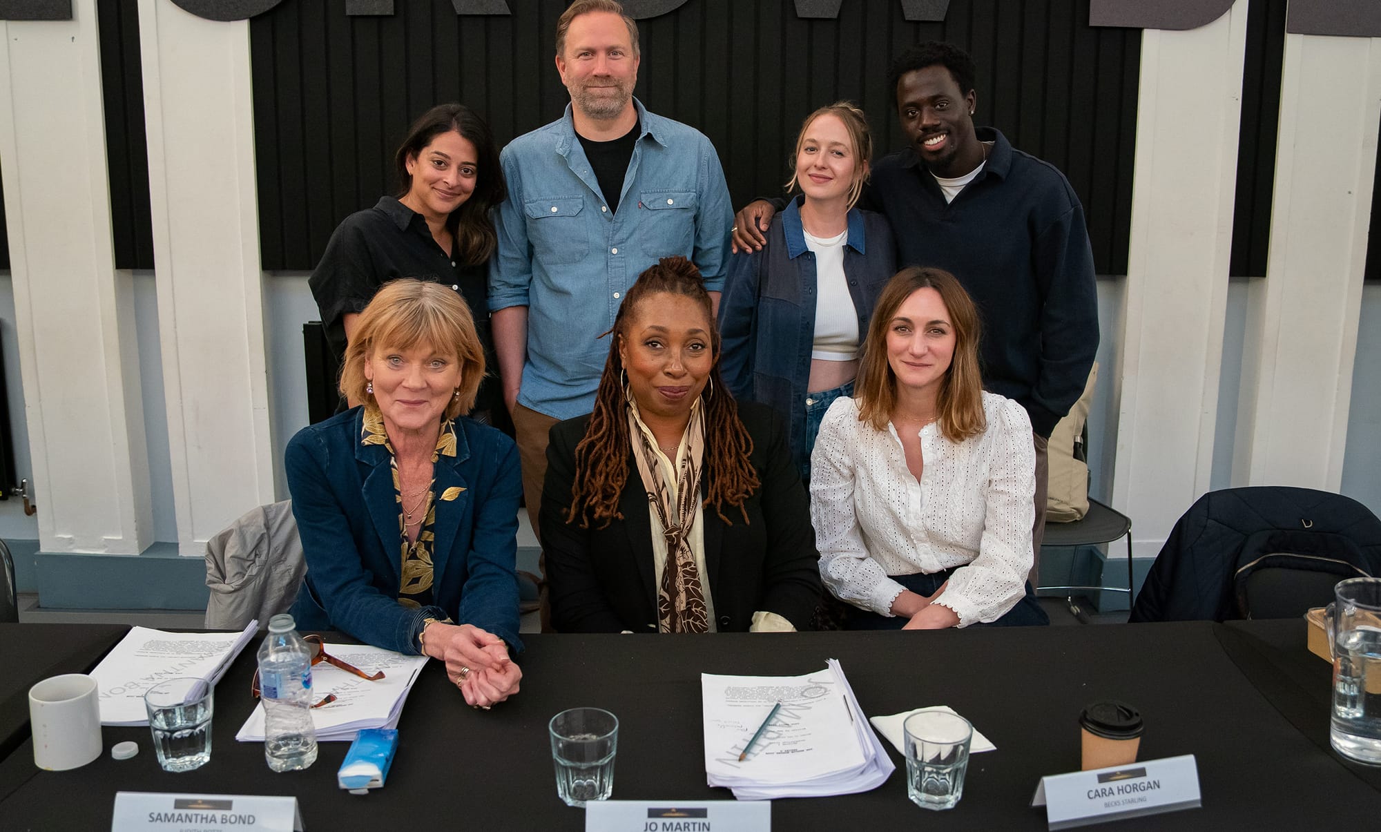 Samantha Bond, Natalie Dew, Phill Langhorne, Jo Martin, Holli Dempsey, Cara Horgan, and Tijan Sarr at 'The Marlow Murder Club' Season 3 Table Read