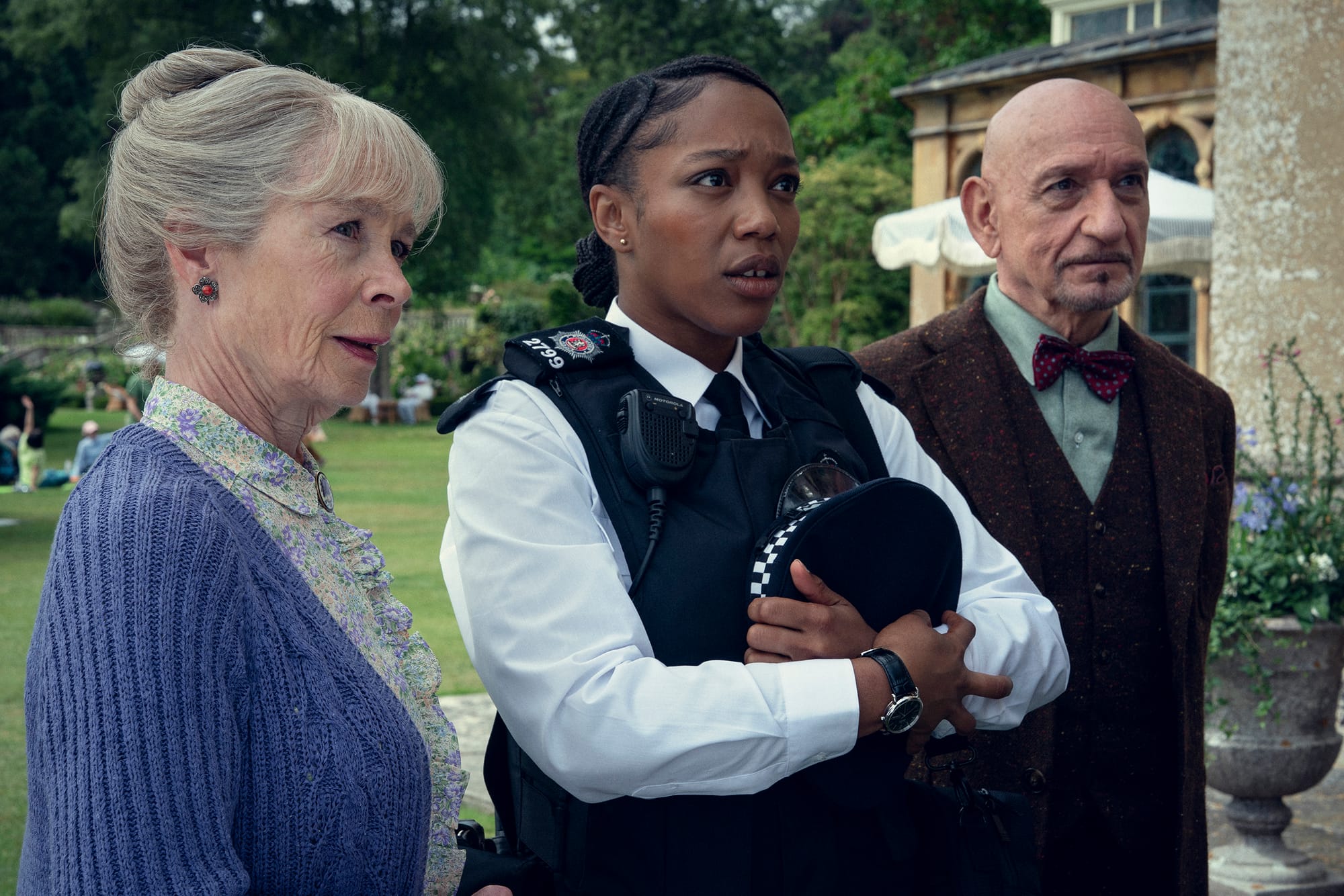 Celia Imrie, Naomi Ackie, and Ben Kingsley in 'The Thursday Murder Club'