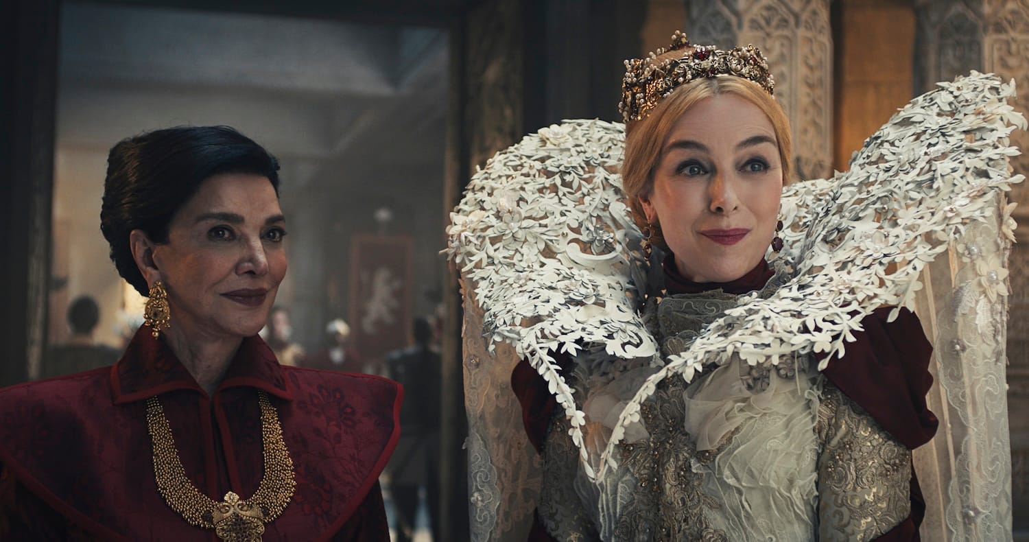 Olivia Williams as Queen Morgase Trakand and Shohreh Aghdashloo as Elaida do Avriny a’Roihan in "The Wheel of Time" Season 3