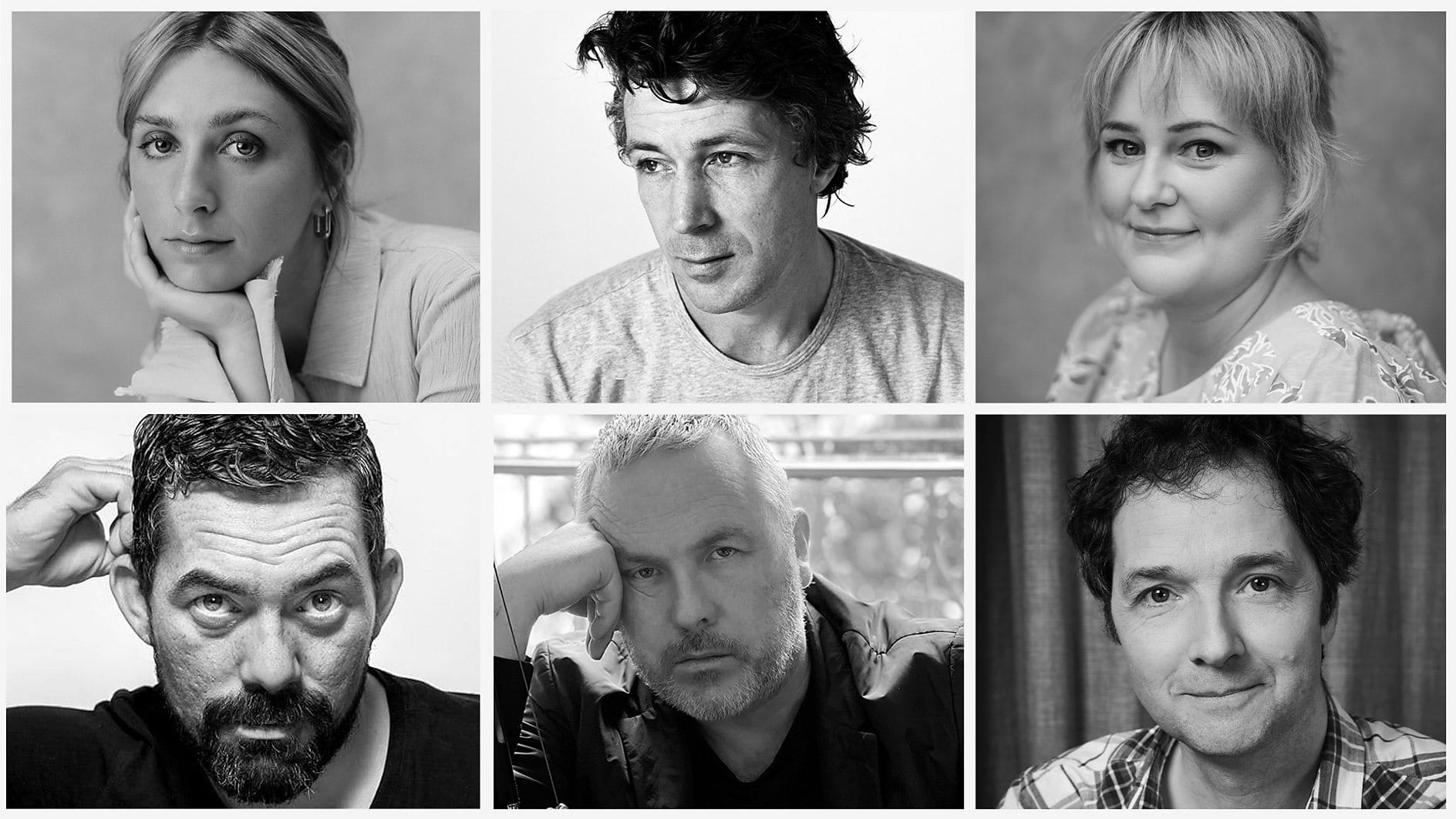 The cast of "Tall Tales & Murder", clockwise from top left: Ella Lily Hyland, Aidan Gillen, Philippa Dunne, Chris Addison, Stuart Carolan, and Packy Lee. 