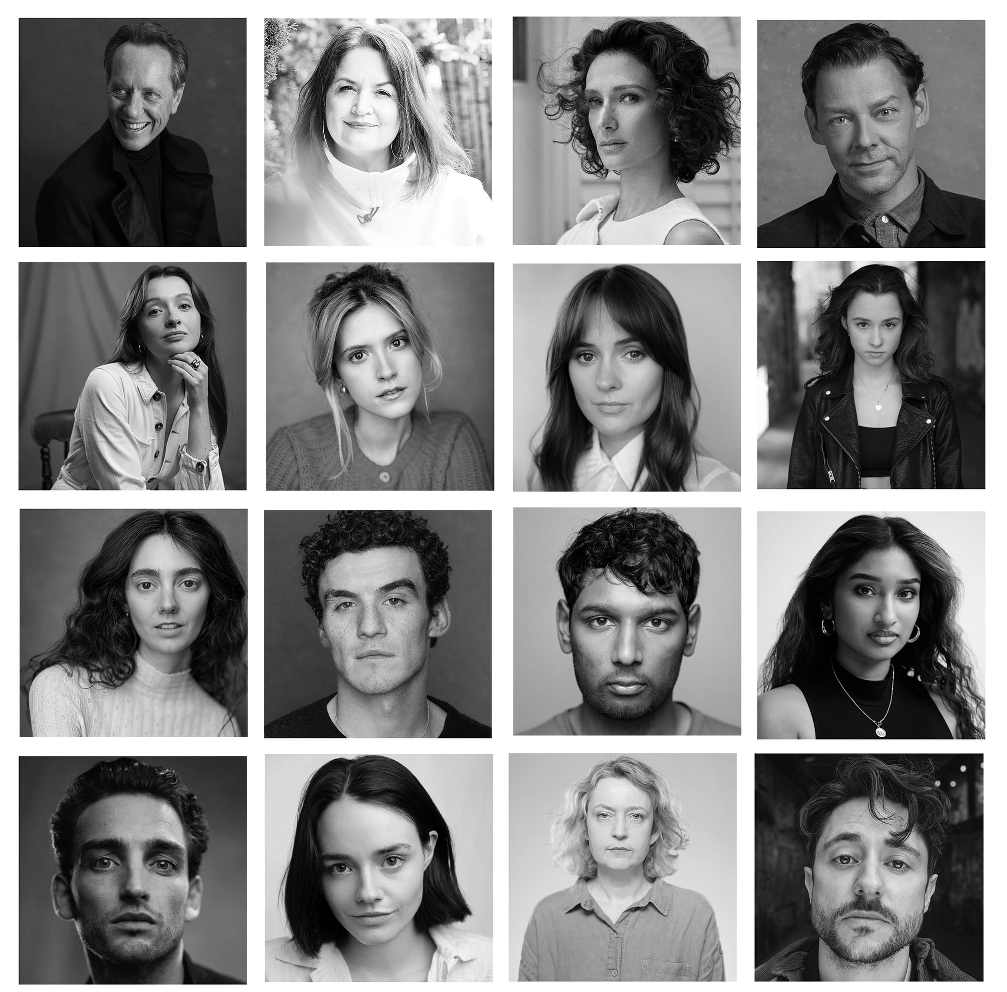 L-R Top: Richard E. Grant, Ruth Jones, Indira Varma, Richard Coyle/2nd Row: Poppy Gilbert, Maddie Close, Molly Wright, Grace Hogg-Robinson/3rd Row: Tanya Reynolds, Dónal Finn, Aaron Gill, Varada Seethu/Bottom: Laurie Davidson, Anna Fenton-Garvey, Lucy Briers, Ryan Sampson