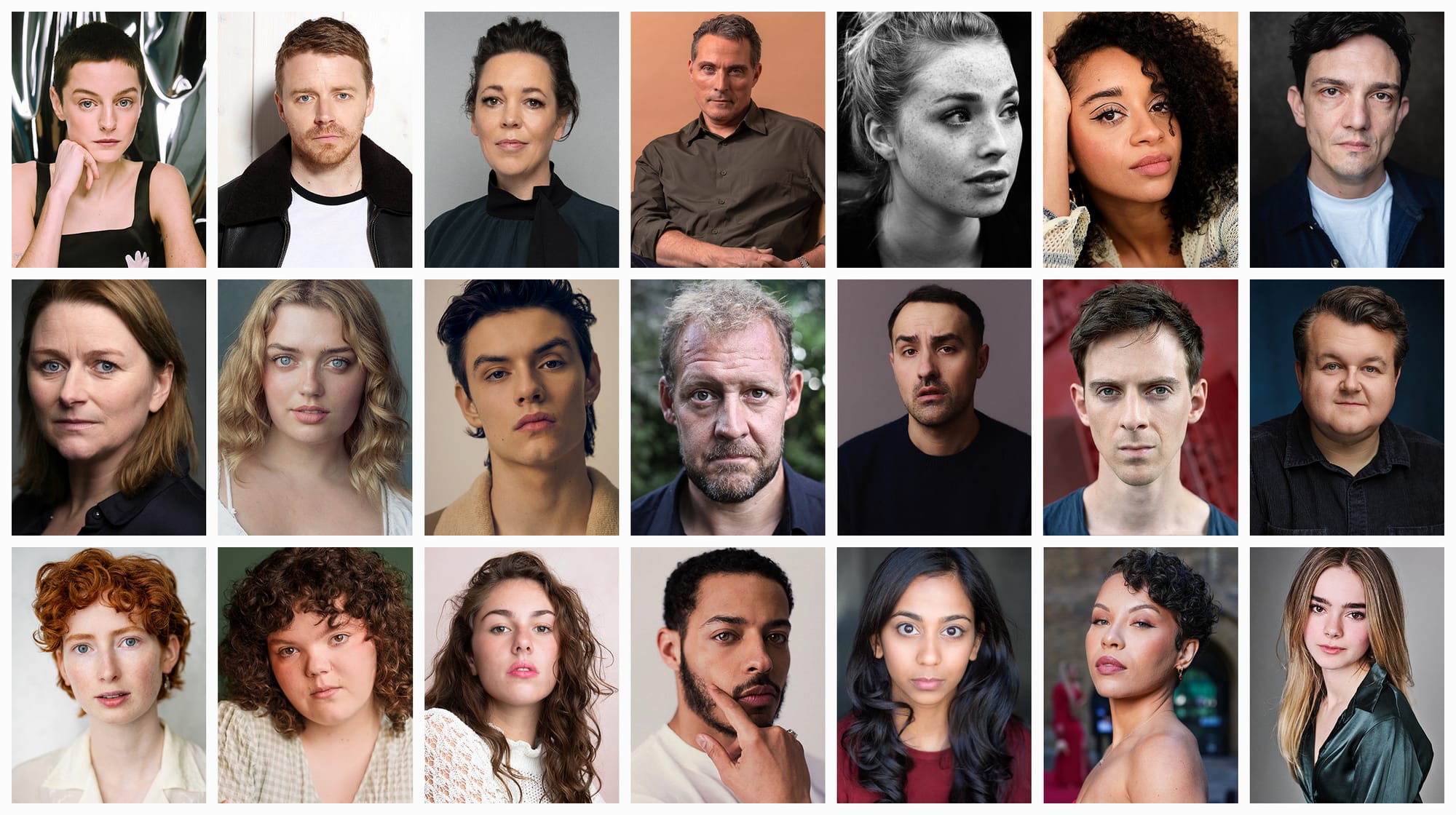 Top: Emma Corrin, Jack Lowden, Olivia Colman, Rufus Sewell, Frya Mavor, Siena Kelly, Sebastian Armesto/Middle: Rosie Cavaliero, Rhea Norwood, Louis Partridge, Justin Edwards, Jamie Demetriou, James Northcote, James Dryden/Bottom: Hopey Parish, Hollie Avery, Eloise Webb, Daryl McCormack, Anjana Vasan, Saffron Coomber, Isabella Sermon
