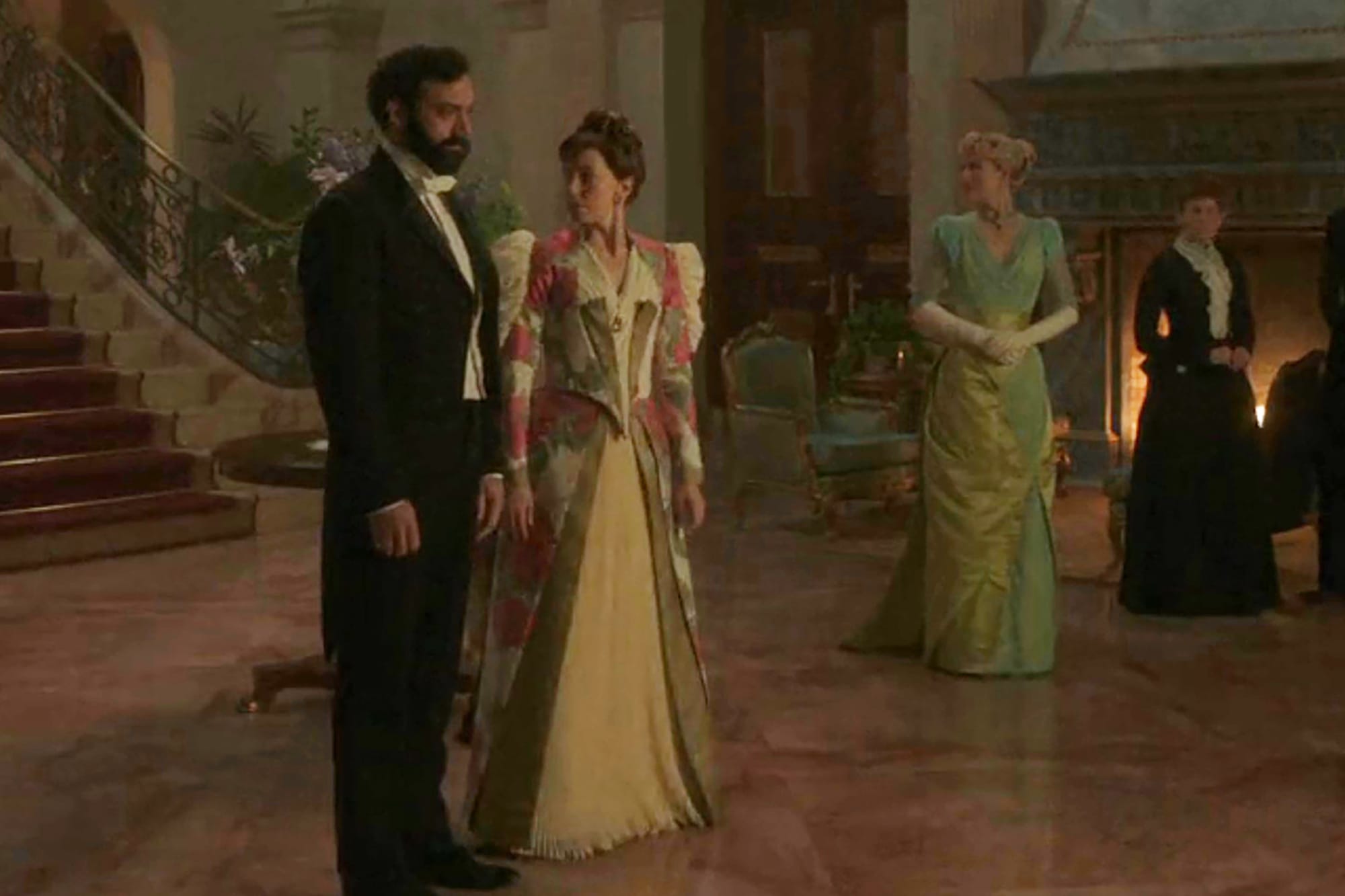 Morgan Spector, Carrie Coon, and Louisa Jacobson in 'The Gilded Age' Season 3