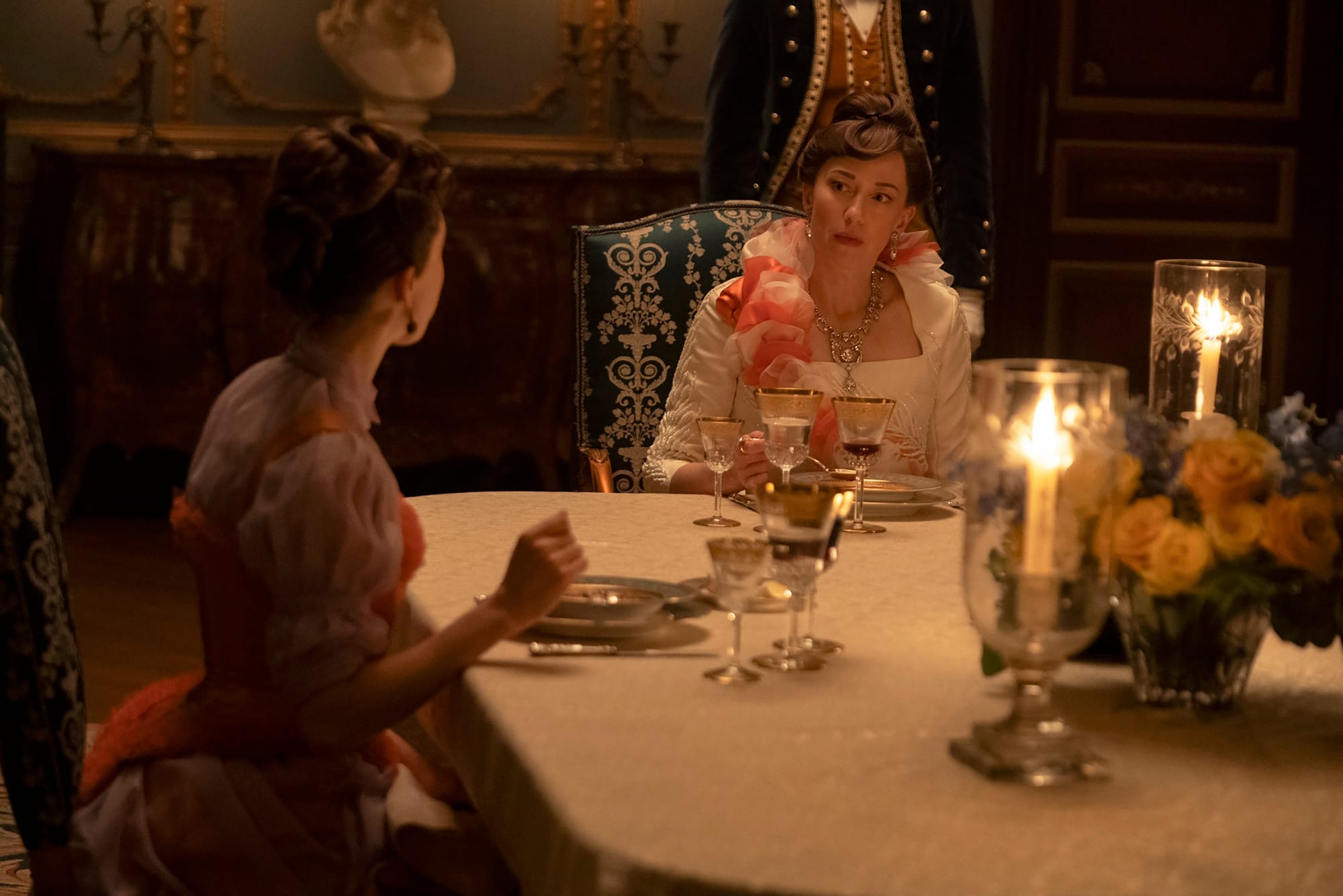 Carrie Coon as Bertha in her only new outfit in The Gilded Age Season 3 Premiere