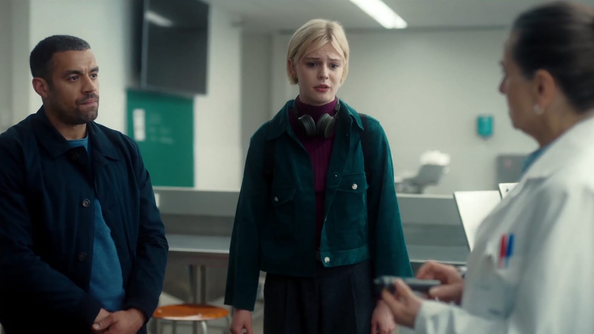 Nathan Welsh as DS Jake Hunter, Ella Maisy Purvis as Patience Evans, and Liza Sadovy as Dr. Loretta Parsons in 'Patience' Season 1