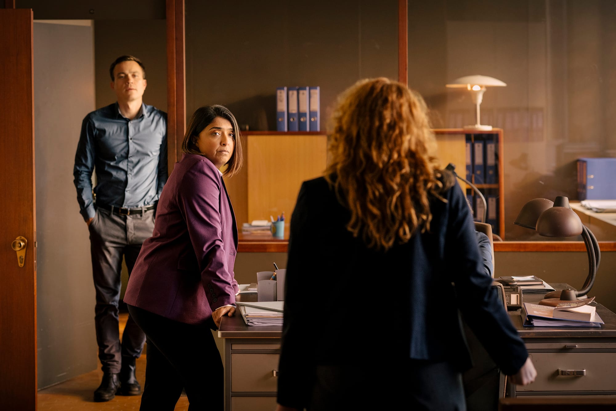 Rhian Blundell as DC Chloe Highsmith, Barney White as Dan Winters, and Sunetra Sarker as Maiya Goswami in 'Professor T' Season 4
