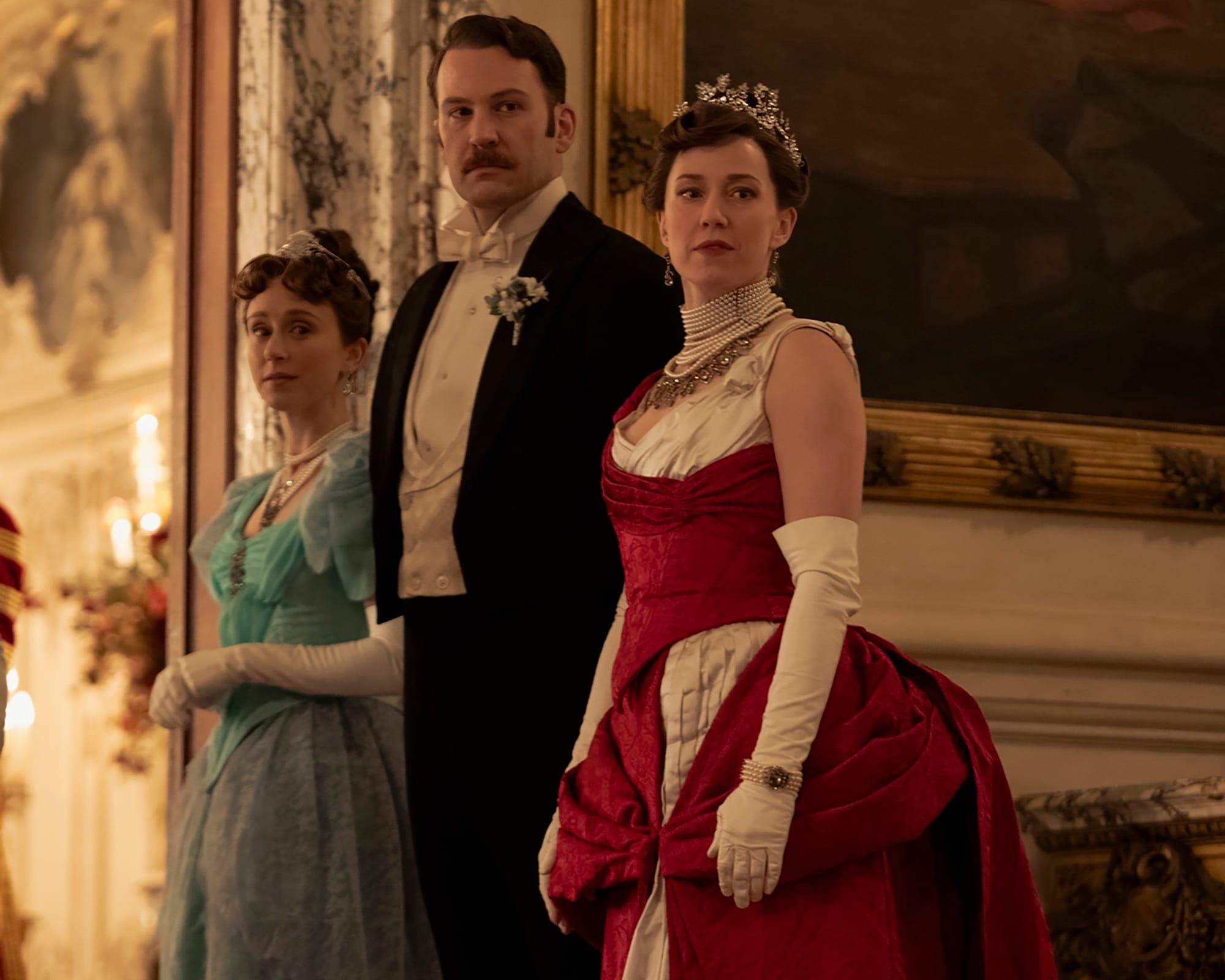 Taissa Farmiga, Ben Lamb, and Carrie Coon in 'The Gilded Age' Season 3