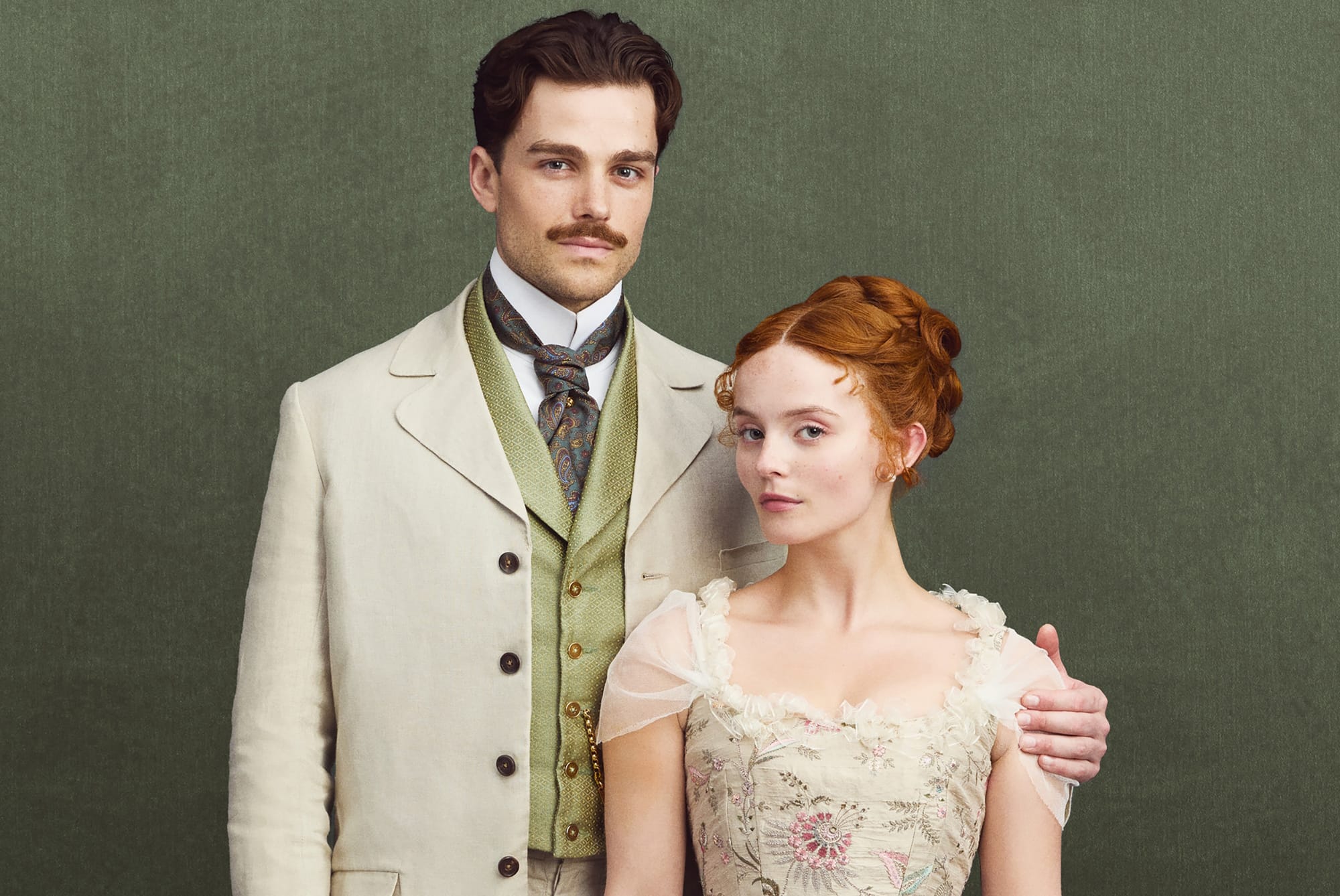 Millie Gibson as Irene Heron and Joshua Orpin as Soames Forsyte