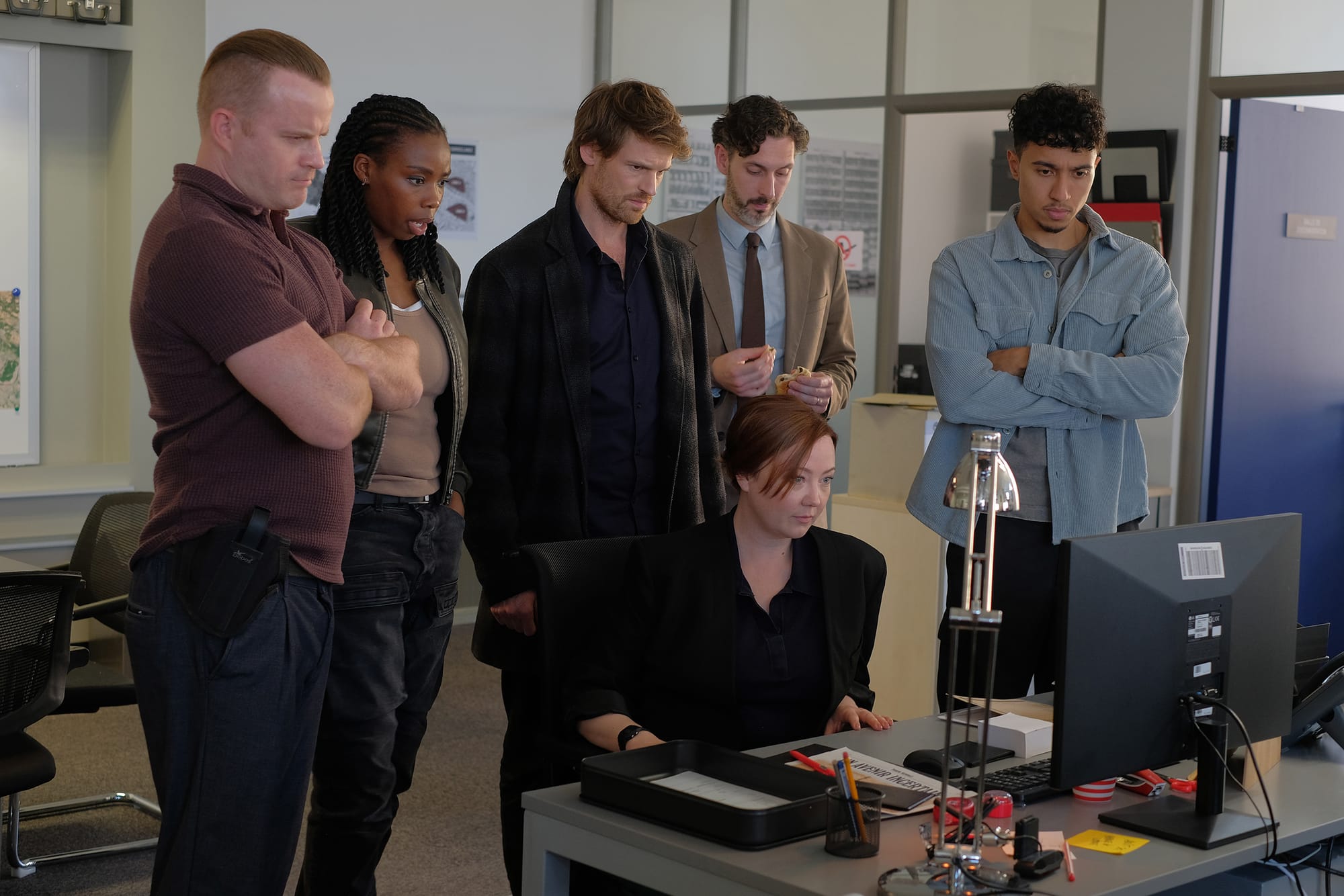 Rob Kazinsky as Justin Cavre, Shaniqua Okwok as Berthe Janvier, Benjamin Wainwright as Jules Maigret, Blake Harrison as Joseph Torrence, Kerrie Hayes as Andrea Lucas, and Reda Elazouar as Karim Lapointe in 'Maigret' Season 1