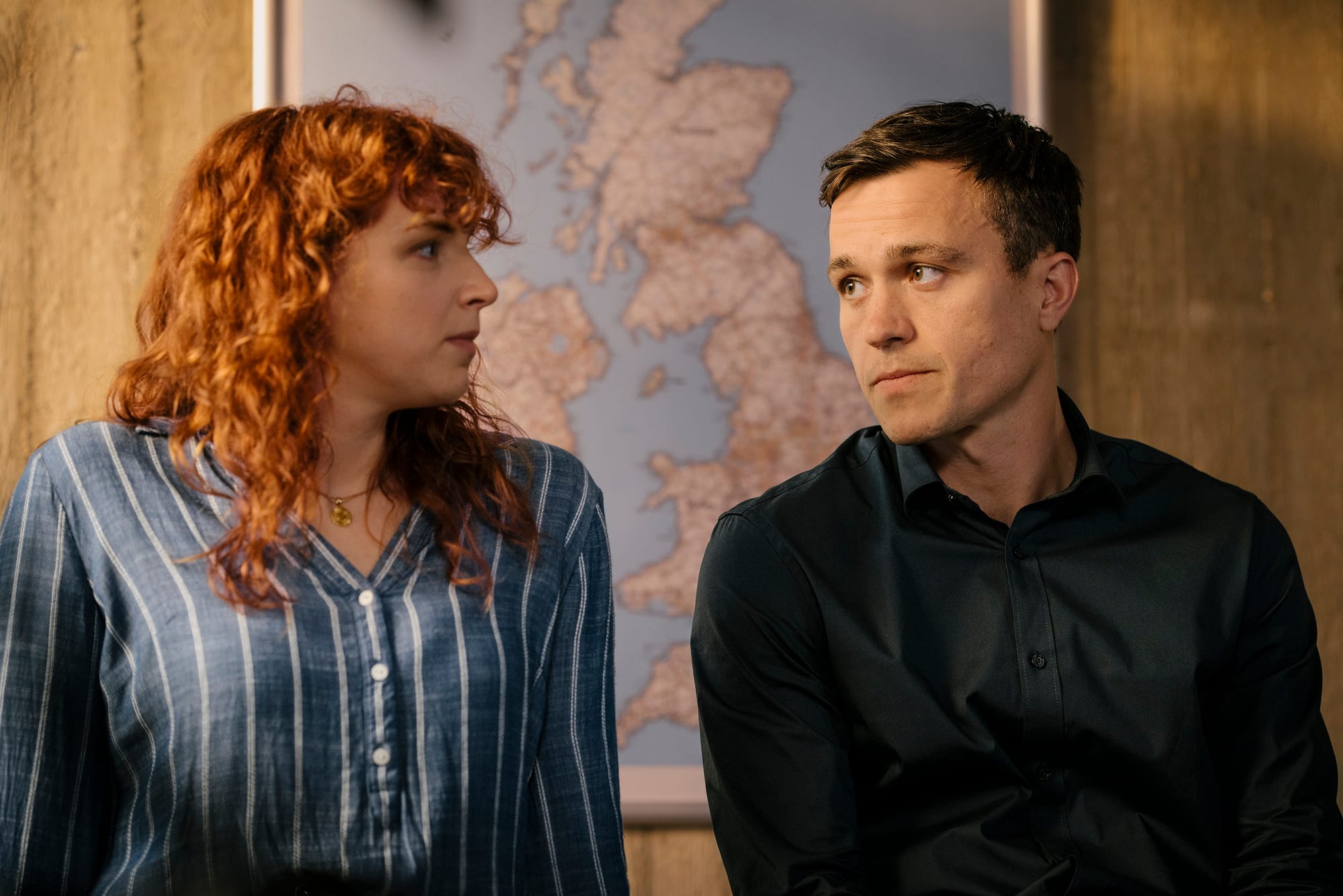 Barney White as Dan Winters and Rhian Blundell as Chloe Highsmith in 'Professor T' Season 4