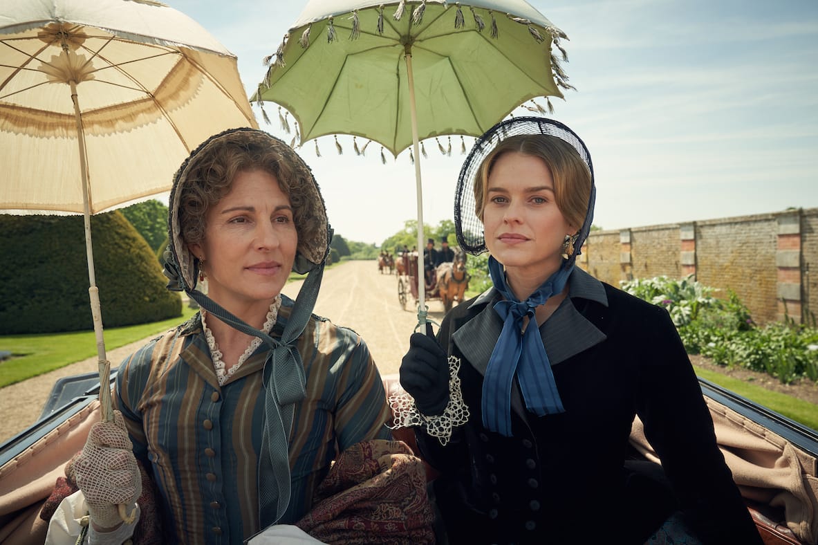 Tamsin Greig as Anne Trenchard and Alice Eve as Susan Trenchard in 'Belgravia' Season 1