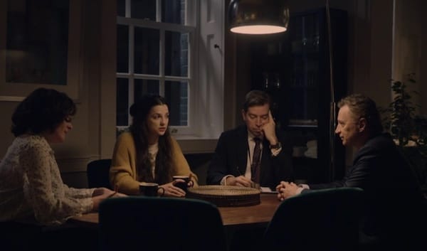 Lucy Cohu as Rachel Sutherland, Marisa Abela as Ellie Sutherland, Edward Bennett as Peter Mott, and Robert Carlyle as Robert Sutherland in COBRA Season 1