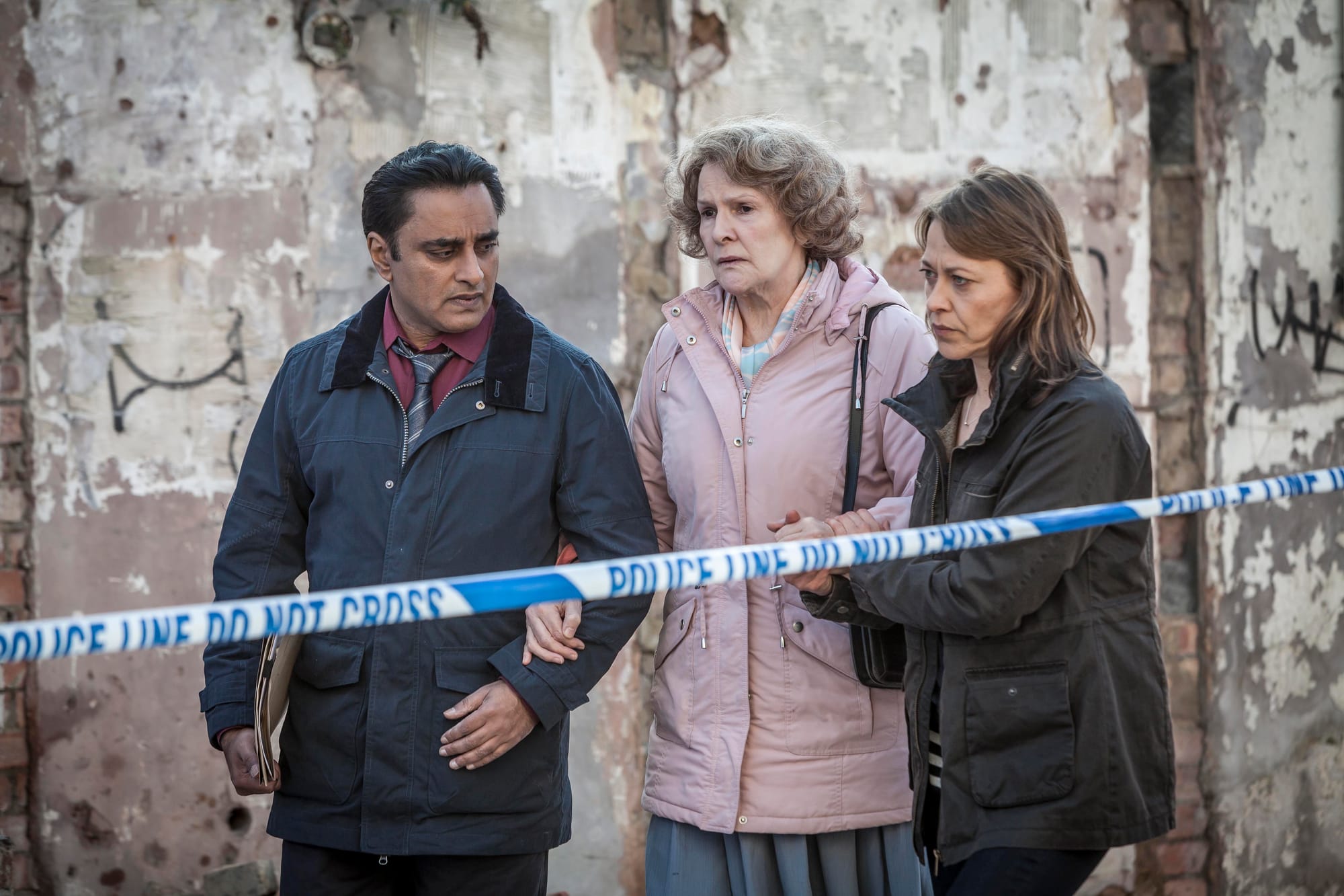 Sanjeev Bhaskar as DS Sunny Khan, Frances Tomelty as Maureen Sullivan, and Nicola Walker as DCI Cassie Stuart in 'Unforgotten' Season 1&nbsp;