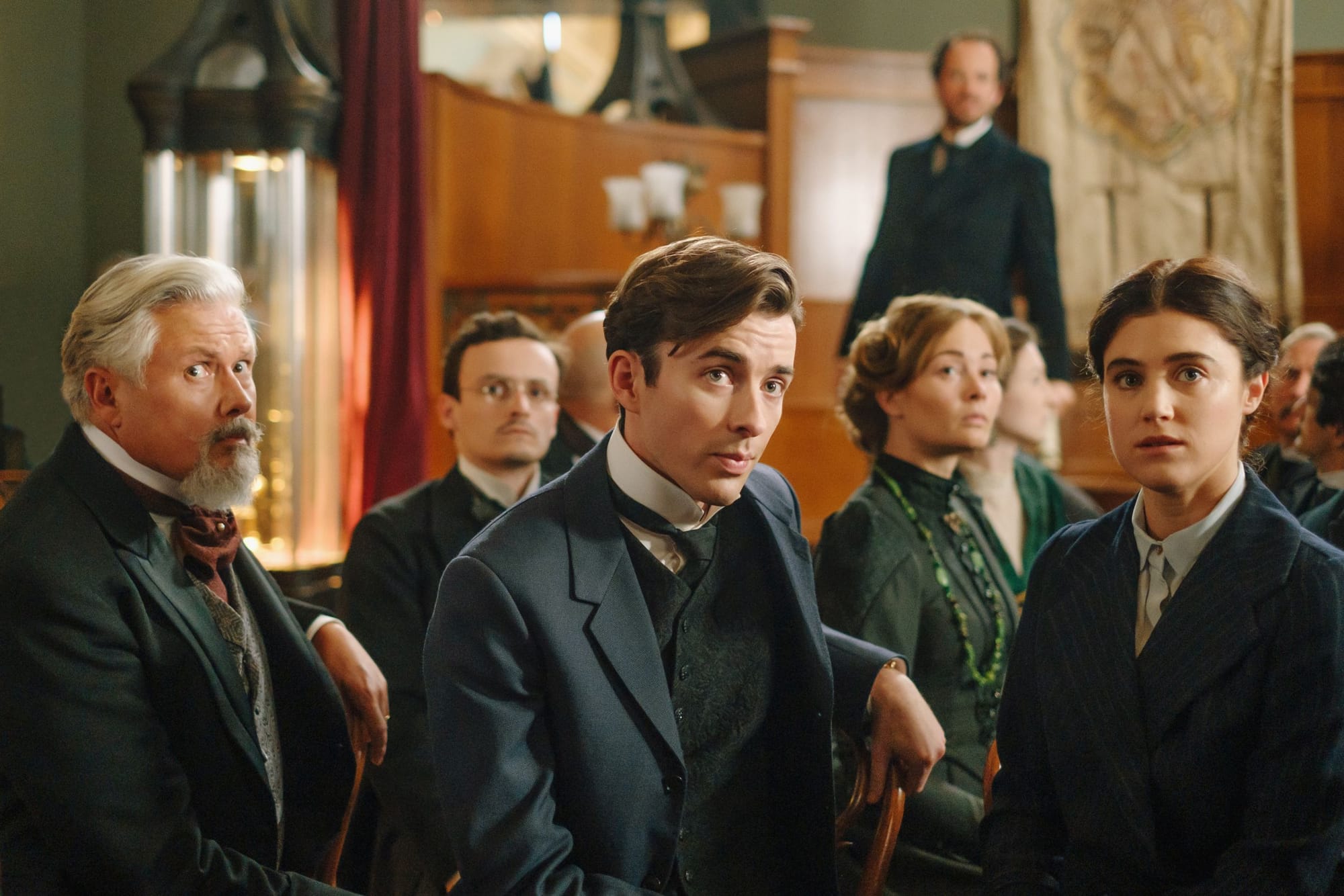 Conleth Hill as Mendel Liebermann, Matthew Beard as Max Libermann, and Lucy Griffiths as Amelia Lydgate in 'Vienna Blood' Season 2