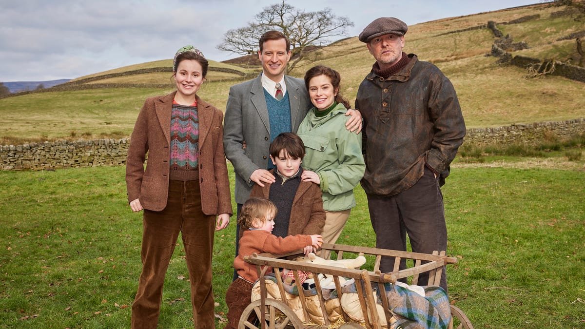Imogen Clawson as Jenny Alderson, Nicholas Ralph as James Herriot, Rachel Shenton as Helen Herriot, and Tony Pitts as Richard Alderson in 'All Creatures Great & Small' Season 6