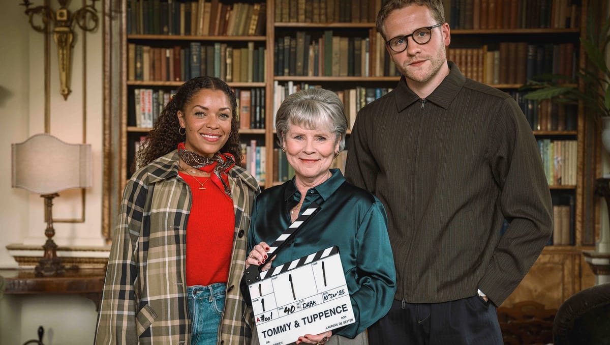 Antonia Thomas, Imelda Staunton and Josh Dylan on the set of 'Agatha Christie's Tommy & Tuppence' 