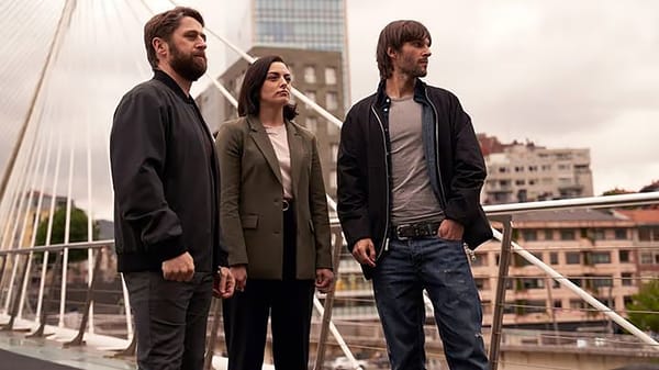 Iñigo Gastesi as Oficial Jon Beitia, Nora-Jane Noone as DS Claire Wallace, and Aaron Monaghan as Sean Prendergast in 'Hidden Assets' Season 3