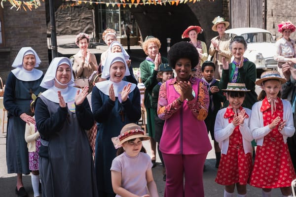Judy Parfitt, Rebecca Gethings, Molly Vevers, Jenny Agutter, Linda Bassett, Renee Bailey, Georgie Glen, April Rae Hoang, and Alice Brown in 'Call the Midwife' Season 15 