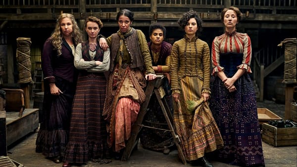 Hannah Walters as Eliza, Caoilfhionn Dunne as Anne, Nadia Albina as Verity, Morgan Hilaire as Esme, Darci Shaw as Alice, and Erin Doherty as Mary in 'A Thousand Blows' Season 2